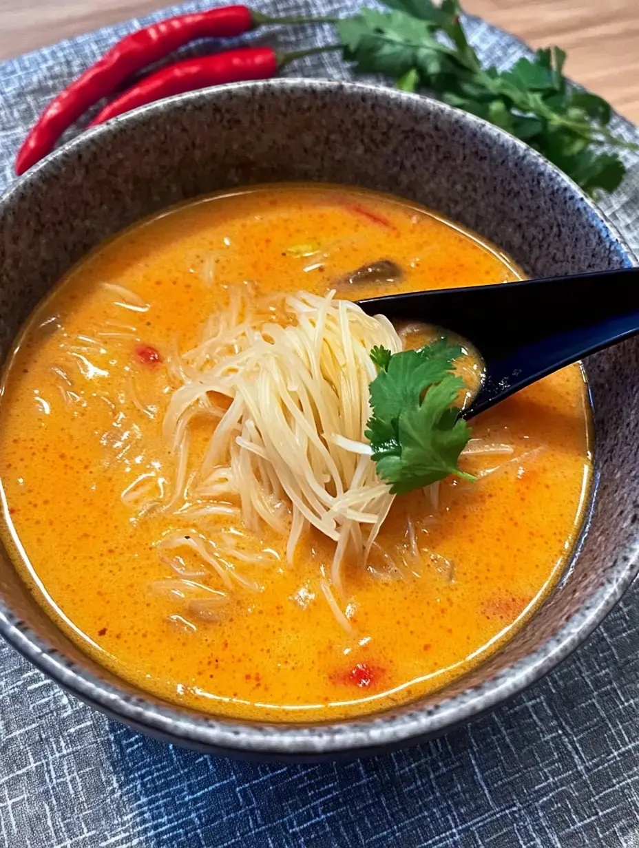 Un bol de soupe asiatique épicée aux nouilles garnie de coriandre et servie avec des piments rouges en arrière-plan.
