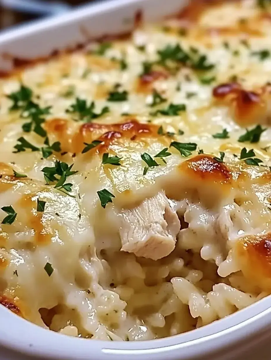 Un gratin de poulet et riz crémeux recouvert de fromage fondu et garni de persil frais.