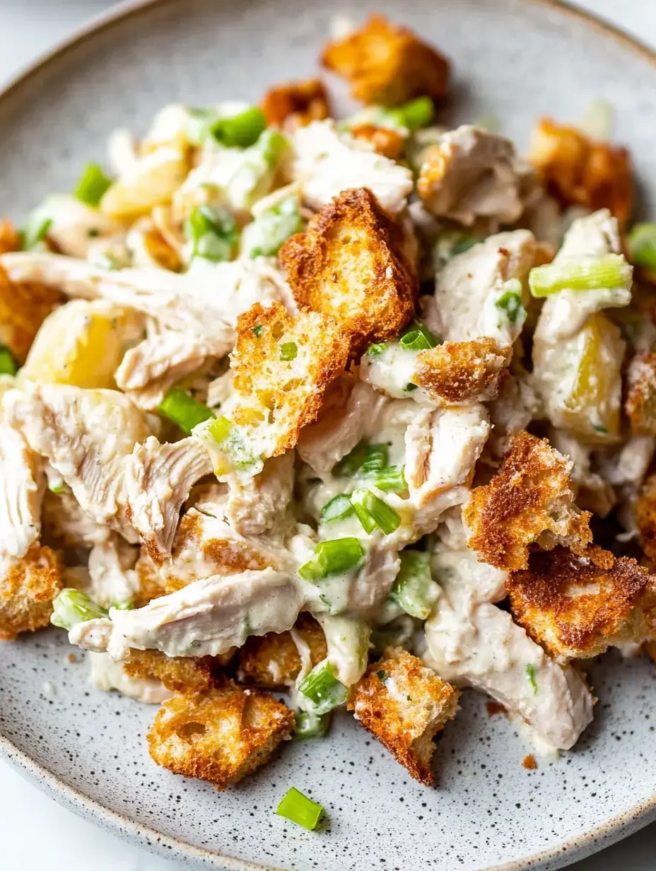 Une assiette de poulet émincé mélangé avec de la ciboulette et des cubes de pain grillés, enrobés d'une sauce crémeuse.