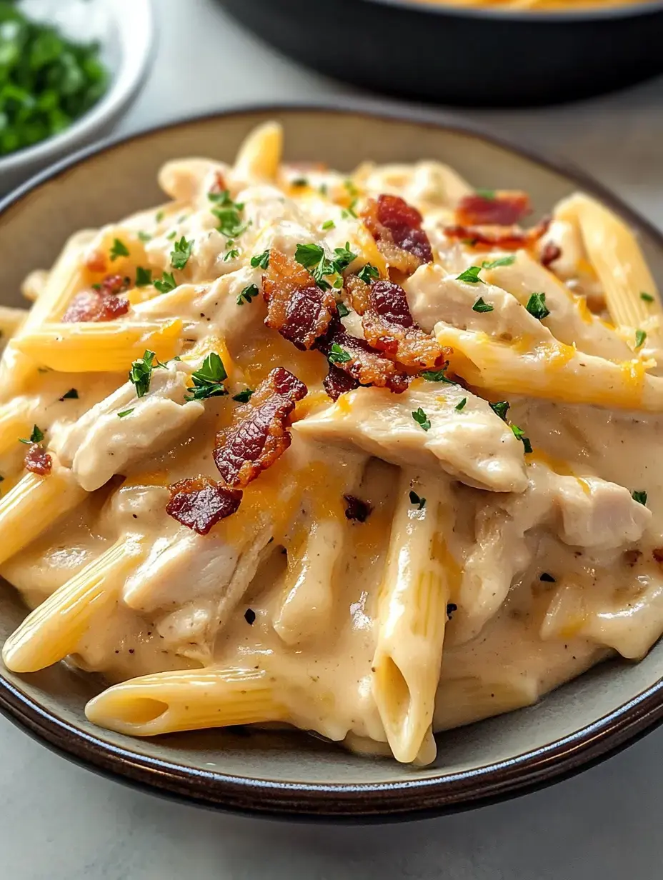 Un gros plan d'un bol de pâtes penne crémeuses garnies de poulet effiloché, lardons croustillants et persil haché.