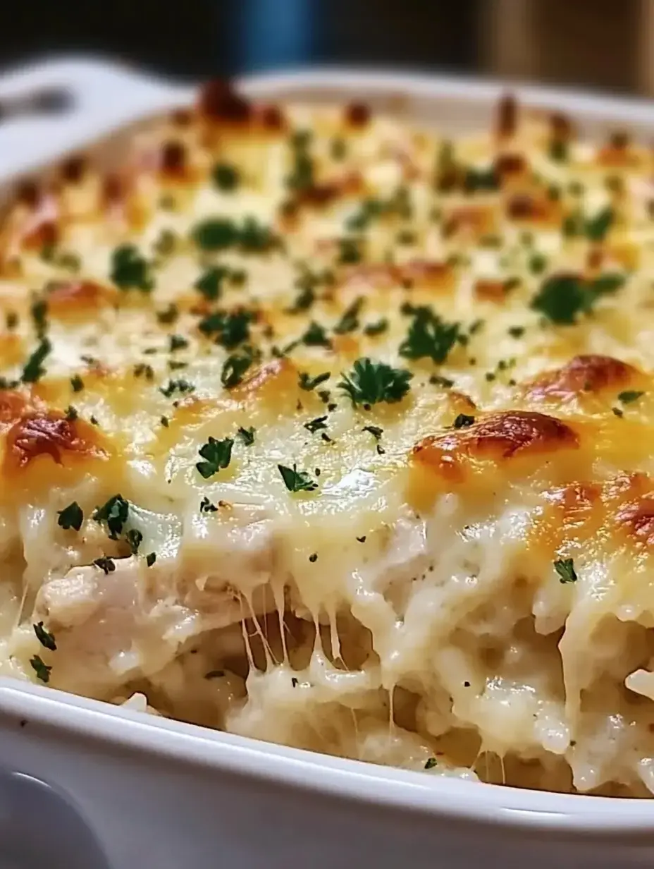 Un gros plan d'un gratin crémeux et fromager recouvert de fromage doré et garni de persil haché.