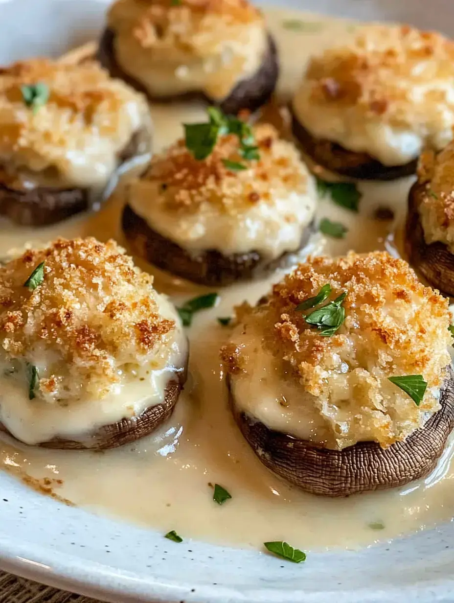 Une assiette de champignons farcis garnis de chapelure et entourés d'une sauce crémeuse, décorés de persil.