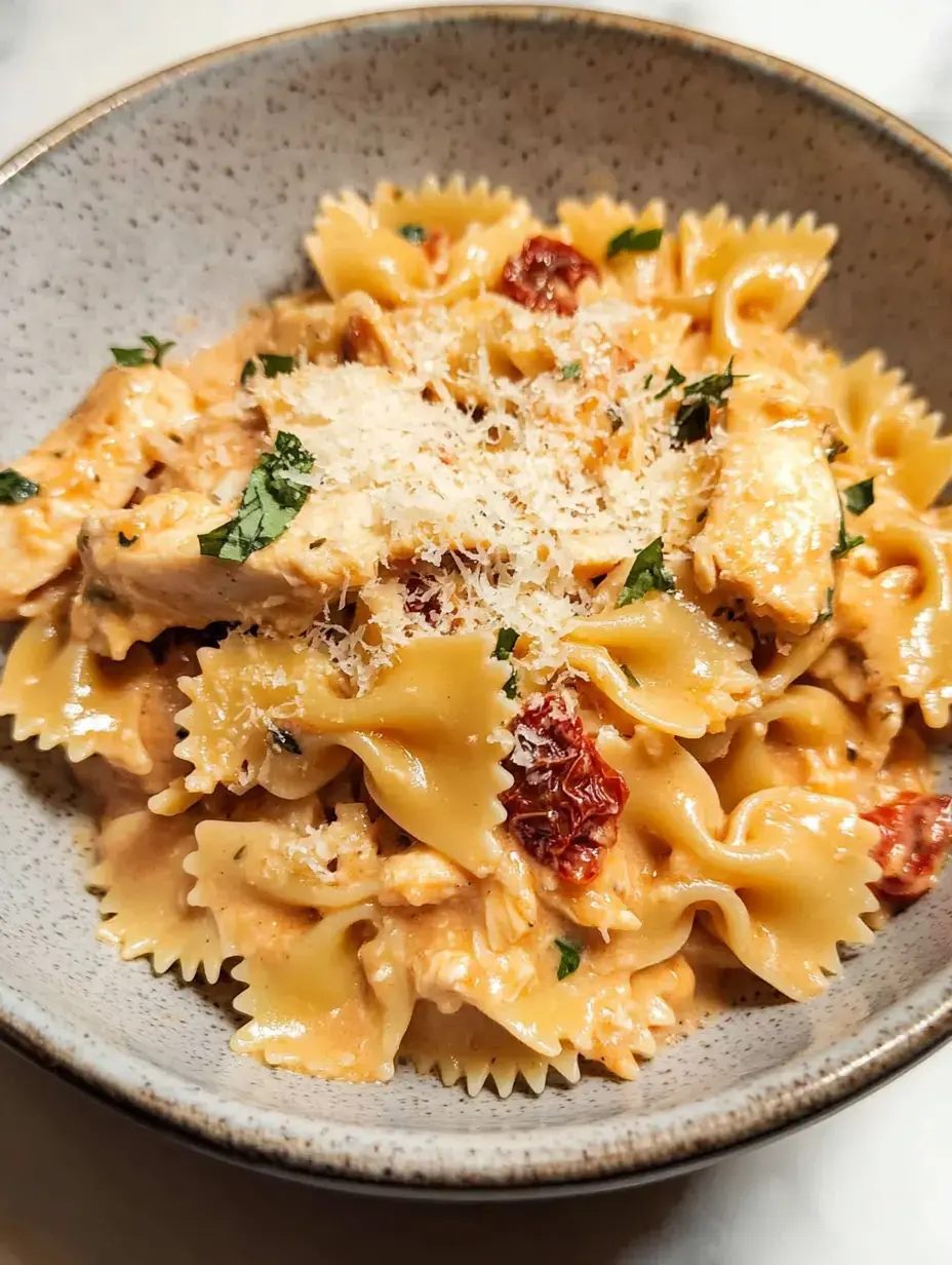 Un bol de pâtes farfalle crémeuses au poulet garni de fromage râpé et de tomates séchées.