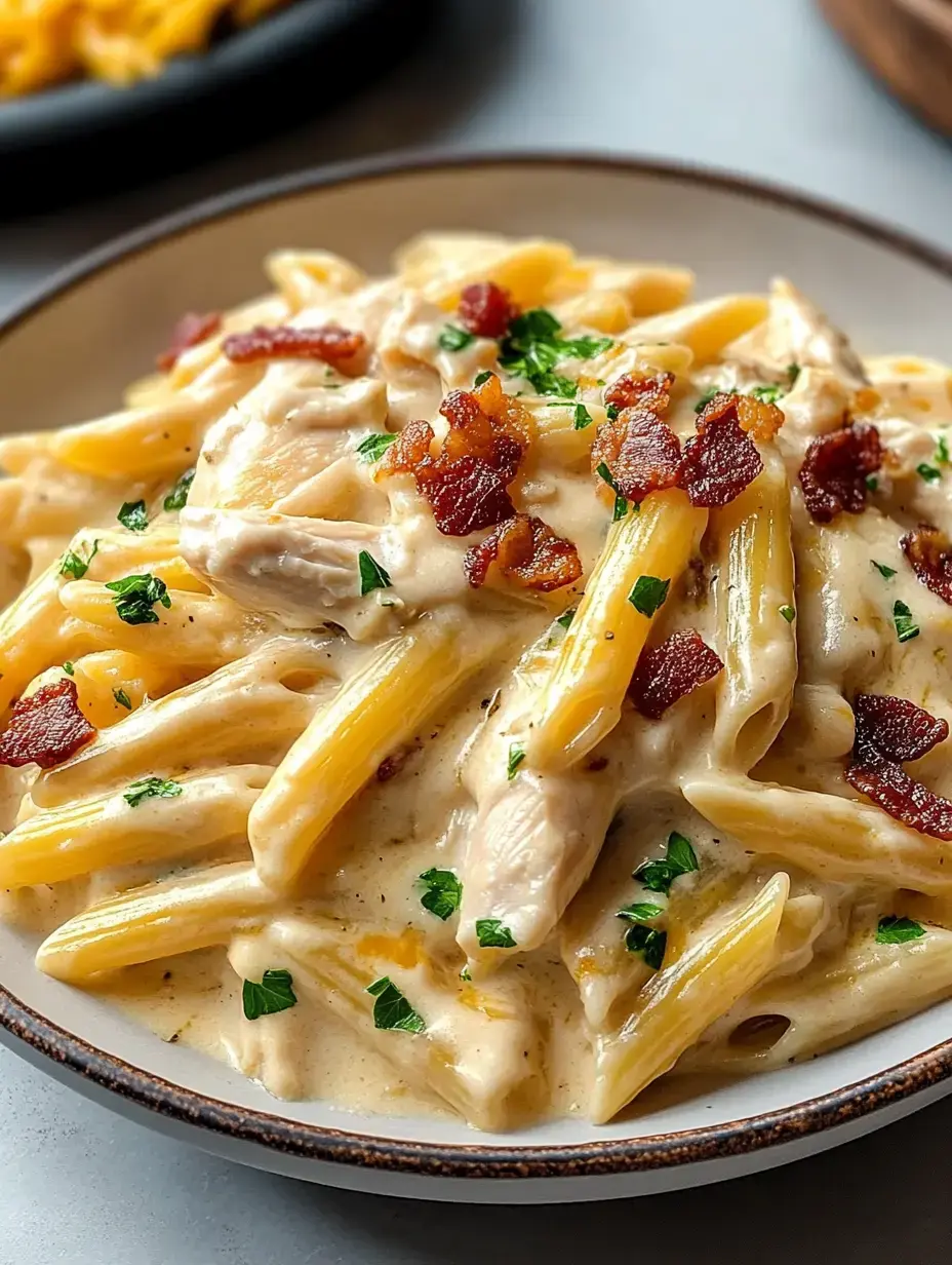 Un gros plan d'un plat de pâtes au poulet crémeux garni de lardons croustillants et de persil haché, servi dans un bol blanc.