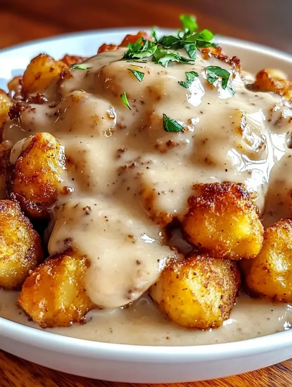 Un bol de pommes dauphines croustillantes nappées d'une généreuse portion de sauce brune crémeuse et garnies de persil haché.