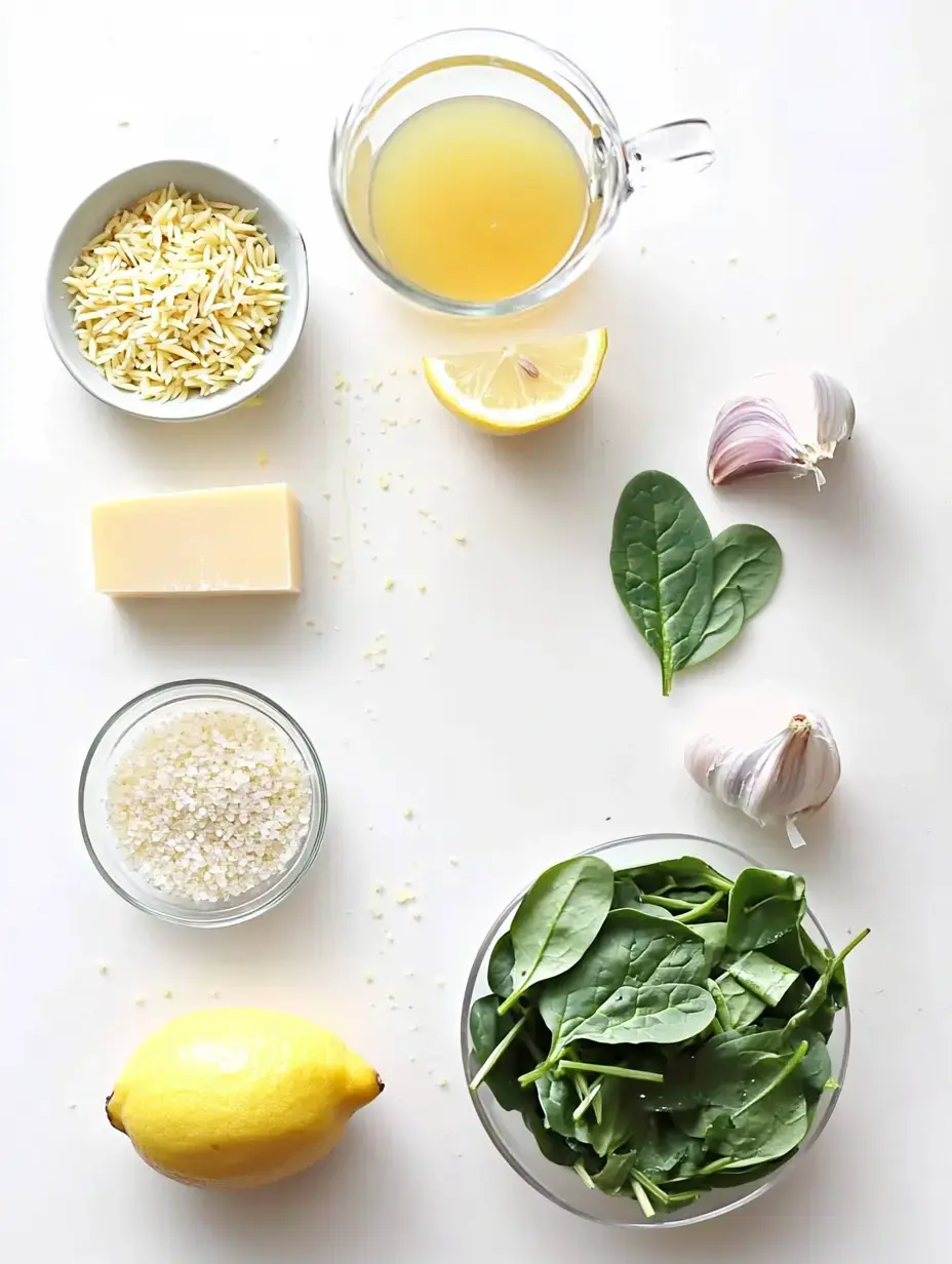 Un assortiment d'ingrédients comprenant des pâtes orzo, du bouillon de légumes, du citron, de l'ail, des épinards, du fromage parmesan et du sel disposés sur une surface blanche.