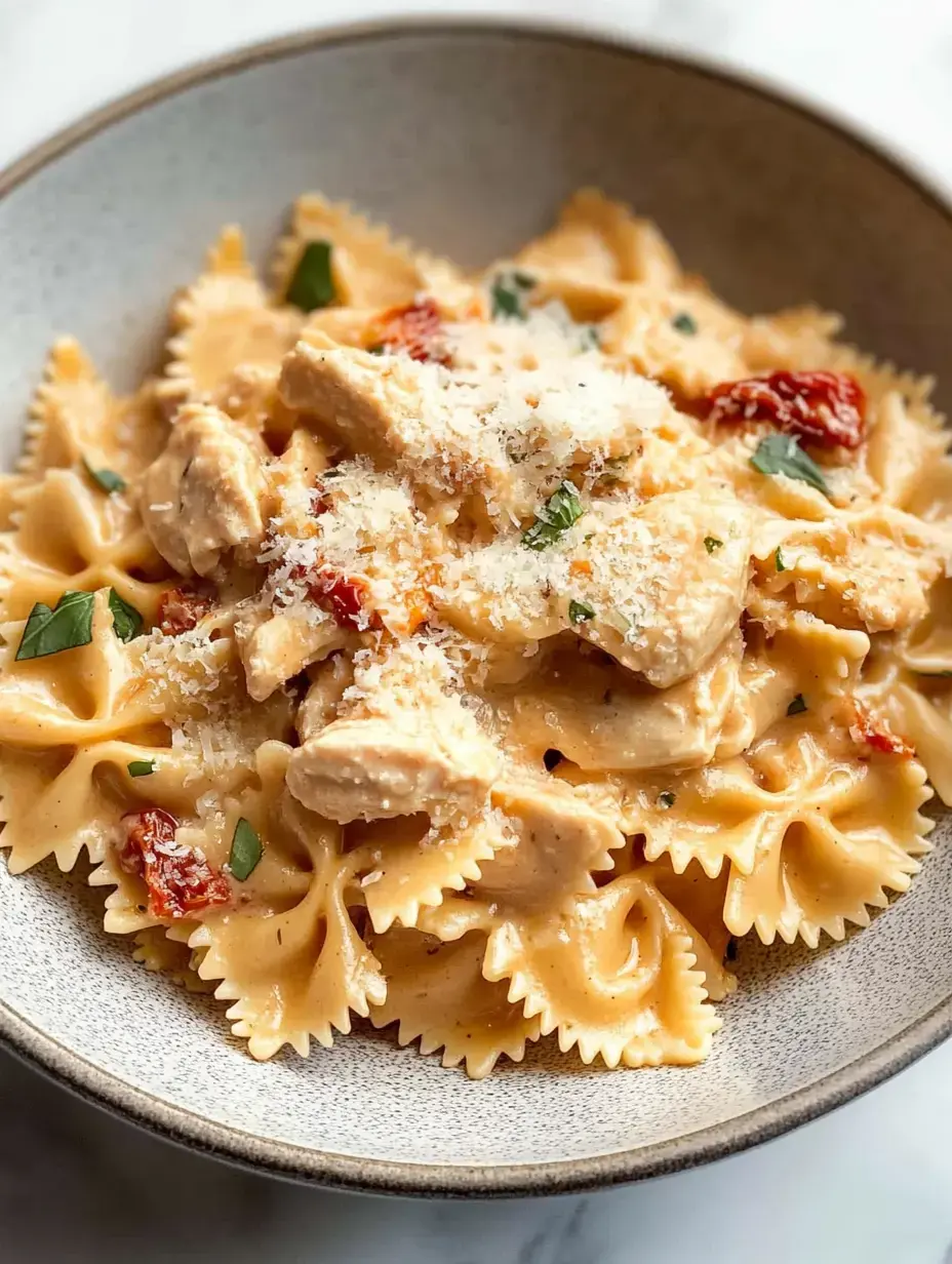 Un bol de pâtes farfalle nappées de sauce crémeuse, morceaux de poulet, tomates séchées et fromage râpé.