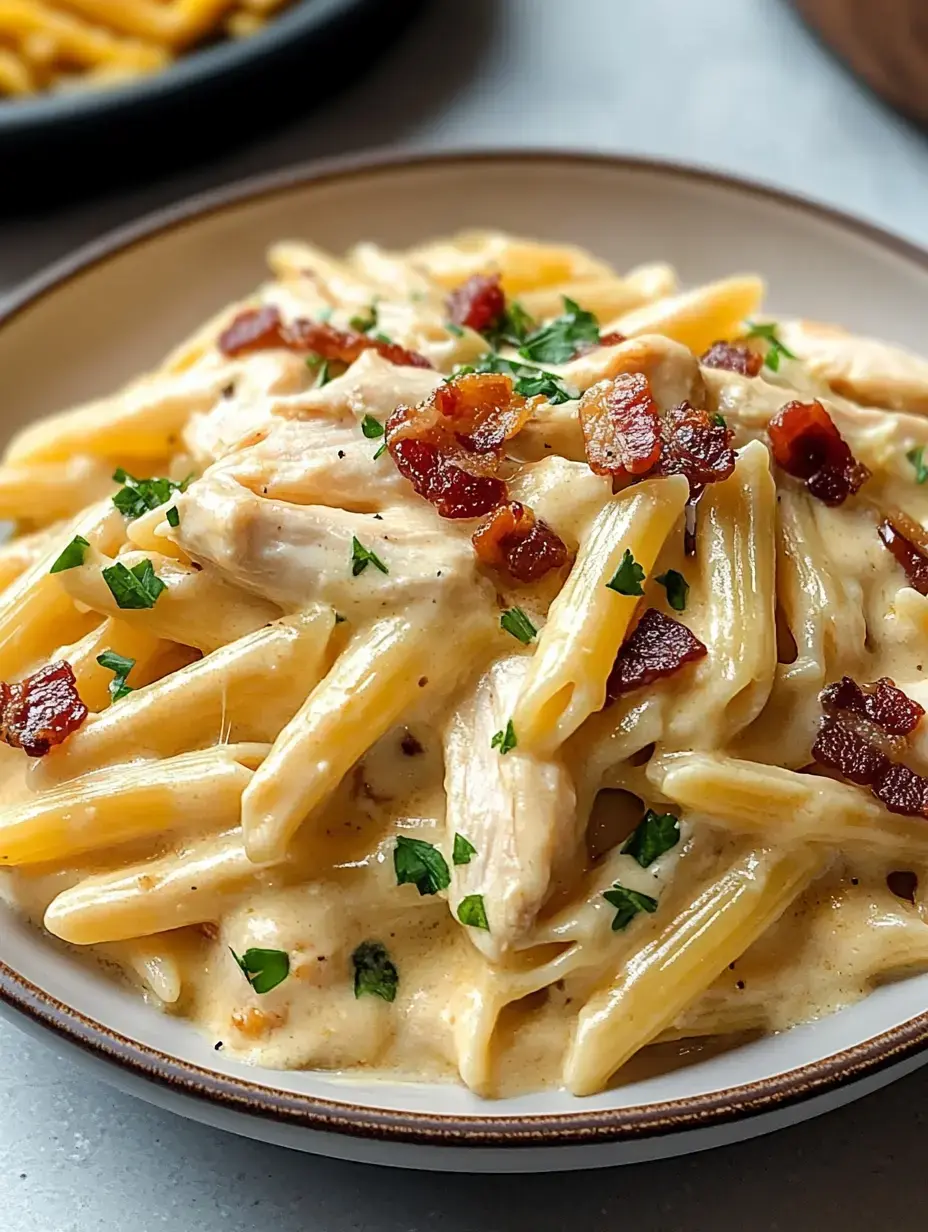 Un plat de pâtes crémeuses avec pennes, poulet, lardons croustillants, et garni de persil frais.