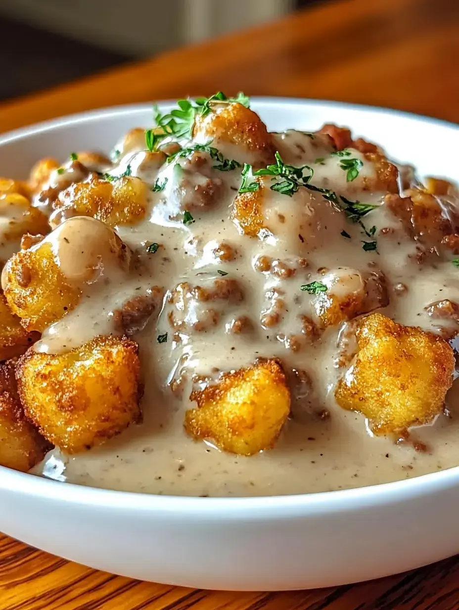 Un gros plan d'un bol rempli de morceaux de pâte croustillante nappés d'une sauce crémeuse et savoureuse, garnie d'herbes fraîches.