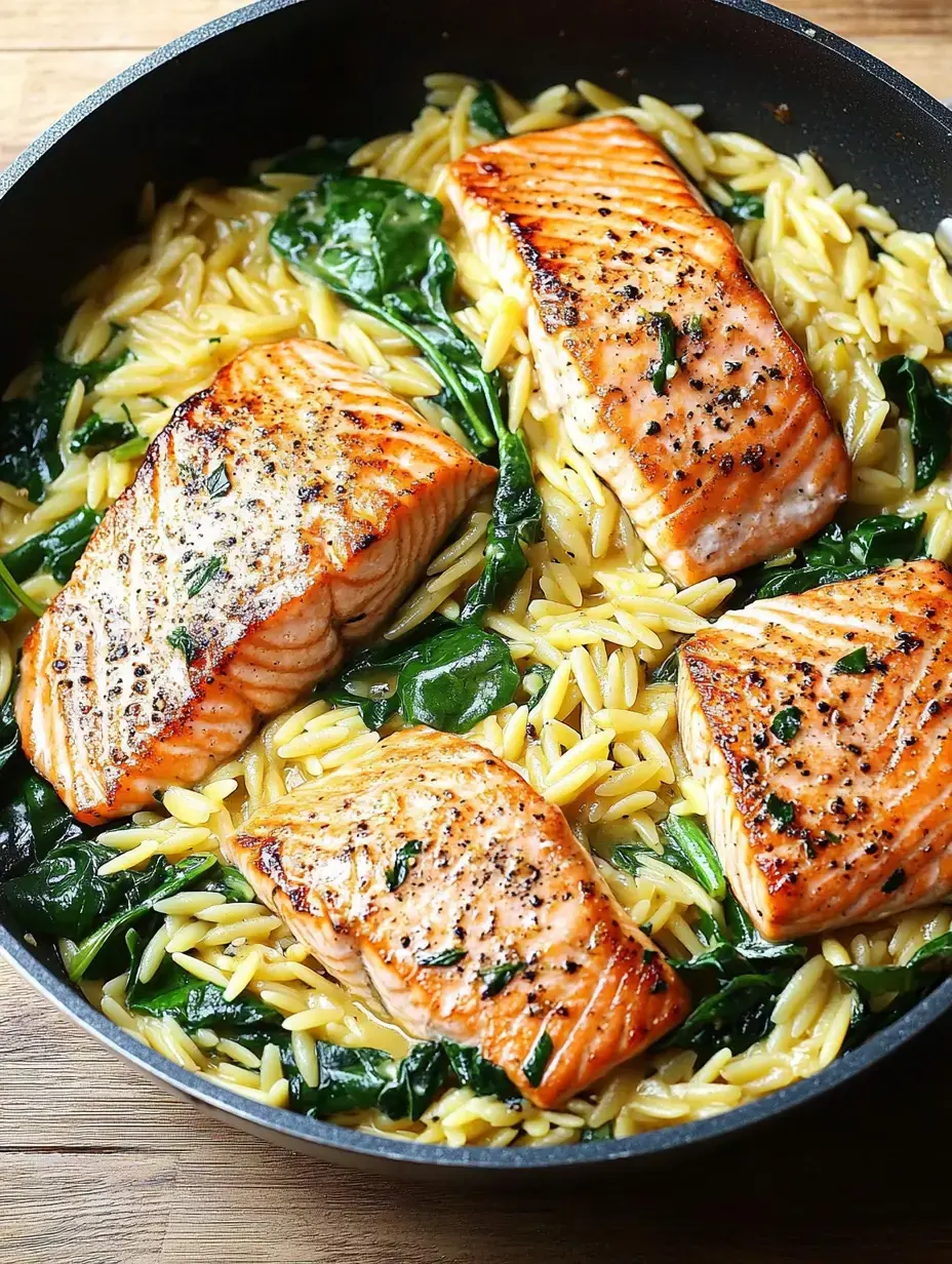 Une poêle contient quatre morceaux de saumon saisi sur un lit de pâtes orzo mélangées à des épinards.