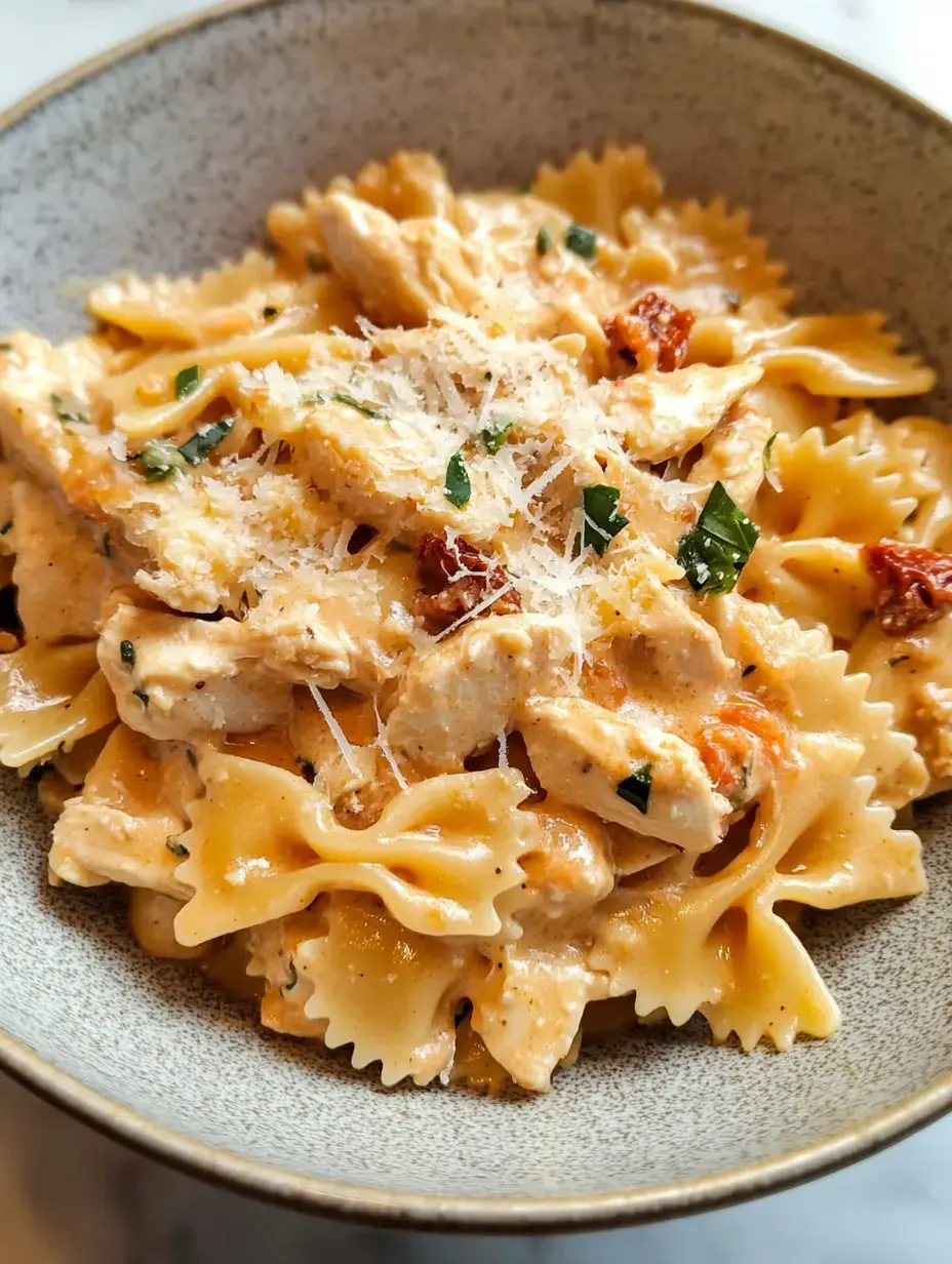 Une portion de pâtes farfalle nappées de sauce crémeuse, fromage râpé, tomates séchées et herbes dans un bol.