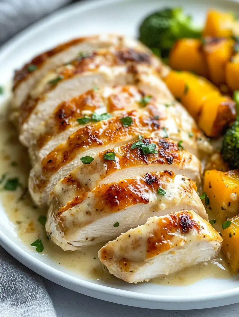 Blanc de poulet grillé tranché servi avec brocoli et courge butternut rôtie sur une assiette blanche, garni de persil.