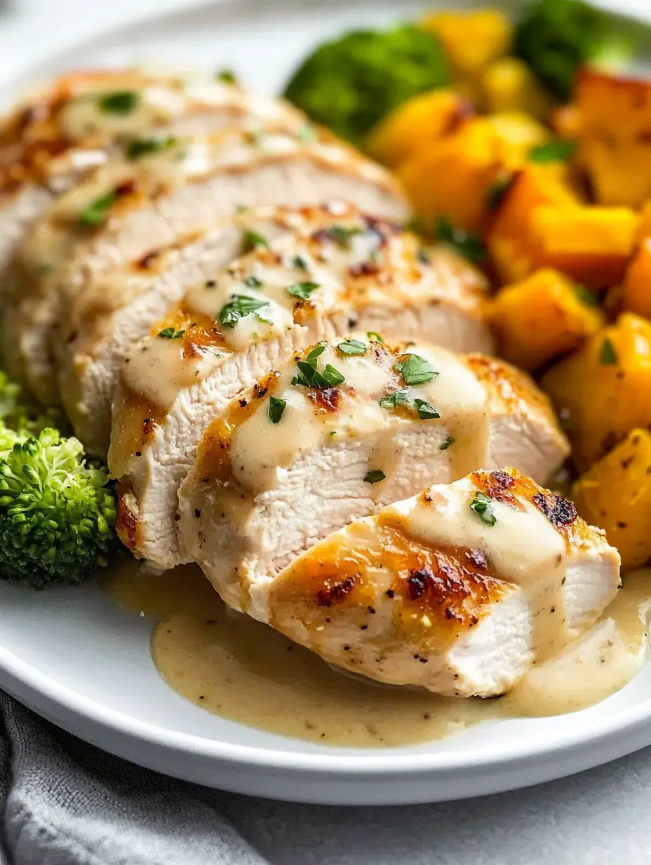 Une assiette de blanc de poulet grillé tranché nappé d'une sauce crémeuse, servi avec du brocoli vapeur et de la courge rôtie.