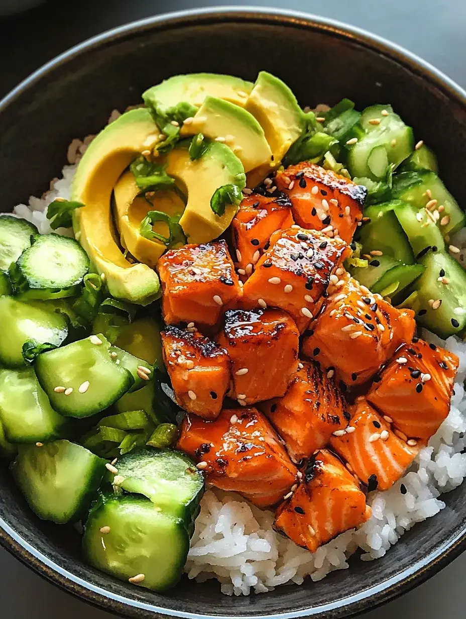 Un bol de riz garni de saumon grillé, d'avocat tranché et de concombre, parsemé de graines de sésame.