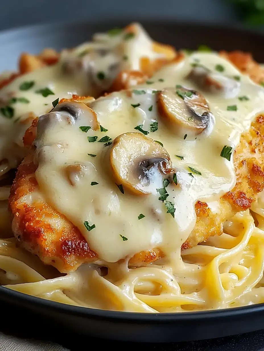 Une image en gros plan d'une assiette avec du poulet nappé d'une sauce crémeuse aux champignons, servi sur des fettuccine et garni de persil frais.