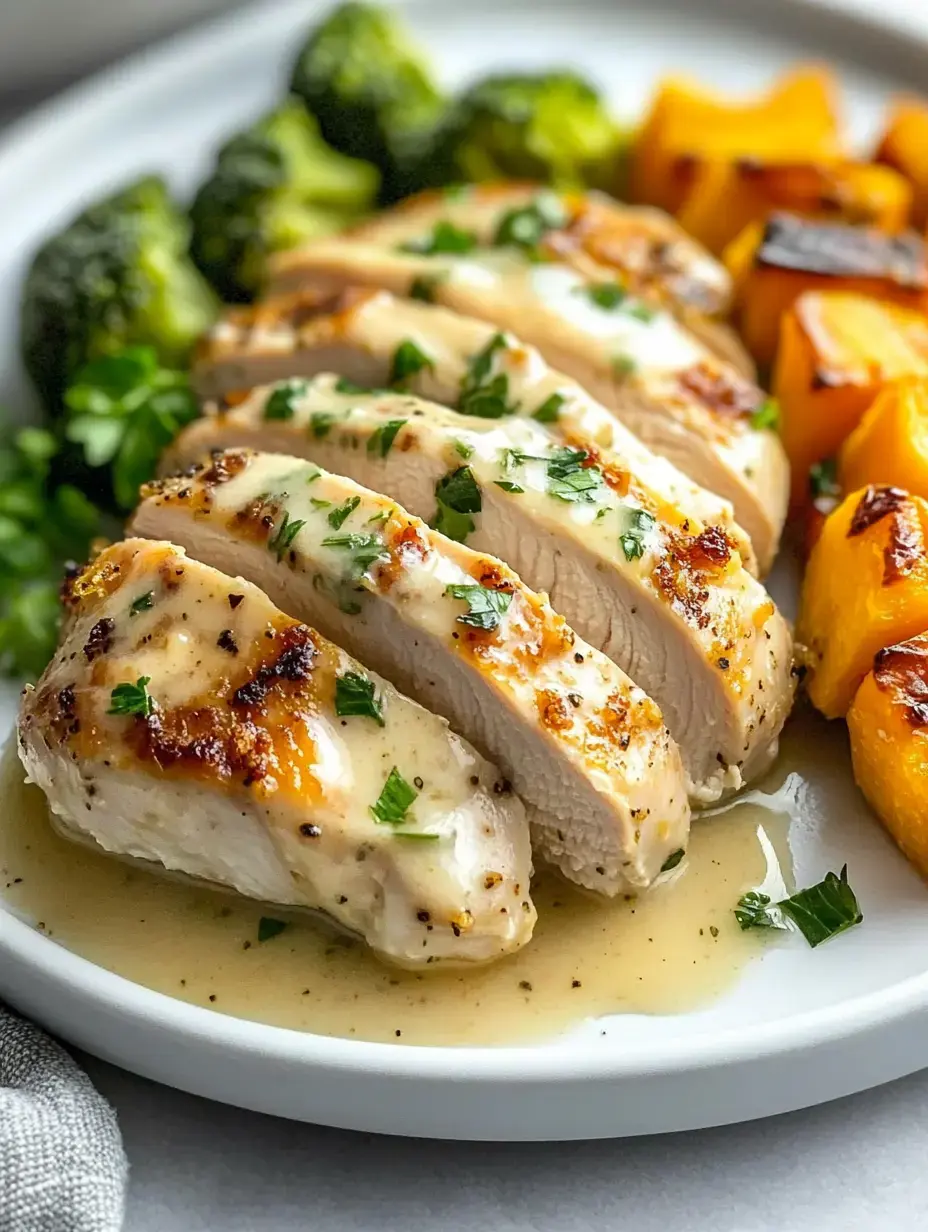 Une assiette blanche présentant un blanc de poulet grillé tranché nappé de sauce, accompagné de brocoli vapeur et de courge butternut rôtie.