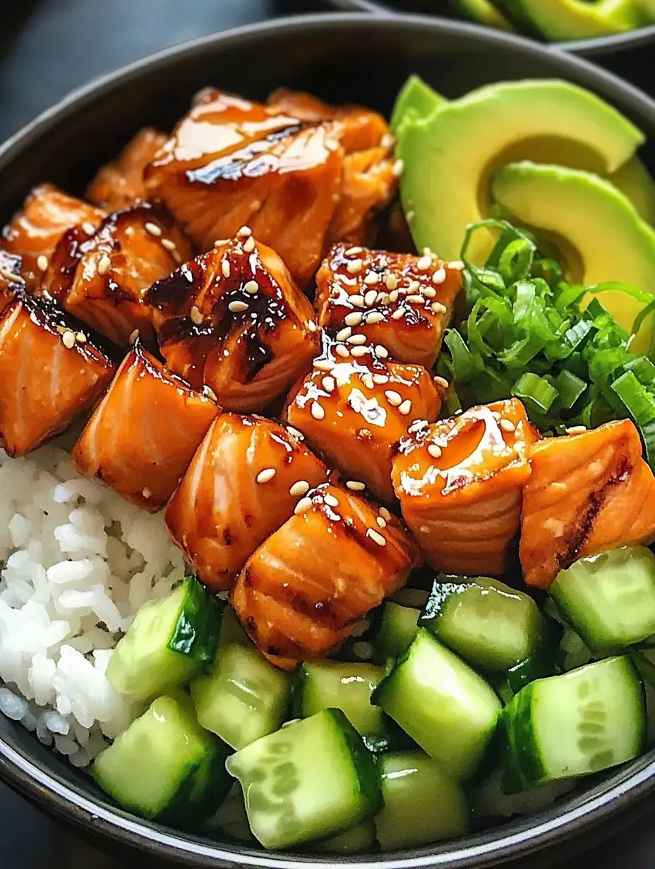 Un bol rempli de cubes de saumon glacés, servis sur du riz, accompagnés de concombre en dés, d'avocat tranché et de ciboulette hachée.