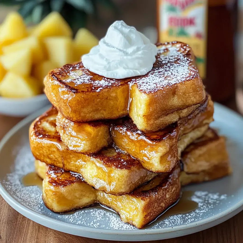 Une pile de pain perdu doré garni de crème fouettée et nappé de sirop, servi avec des morceaux d'ananas.