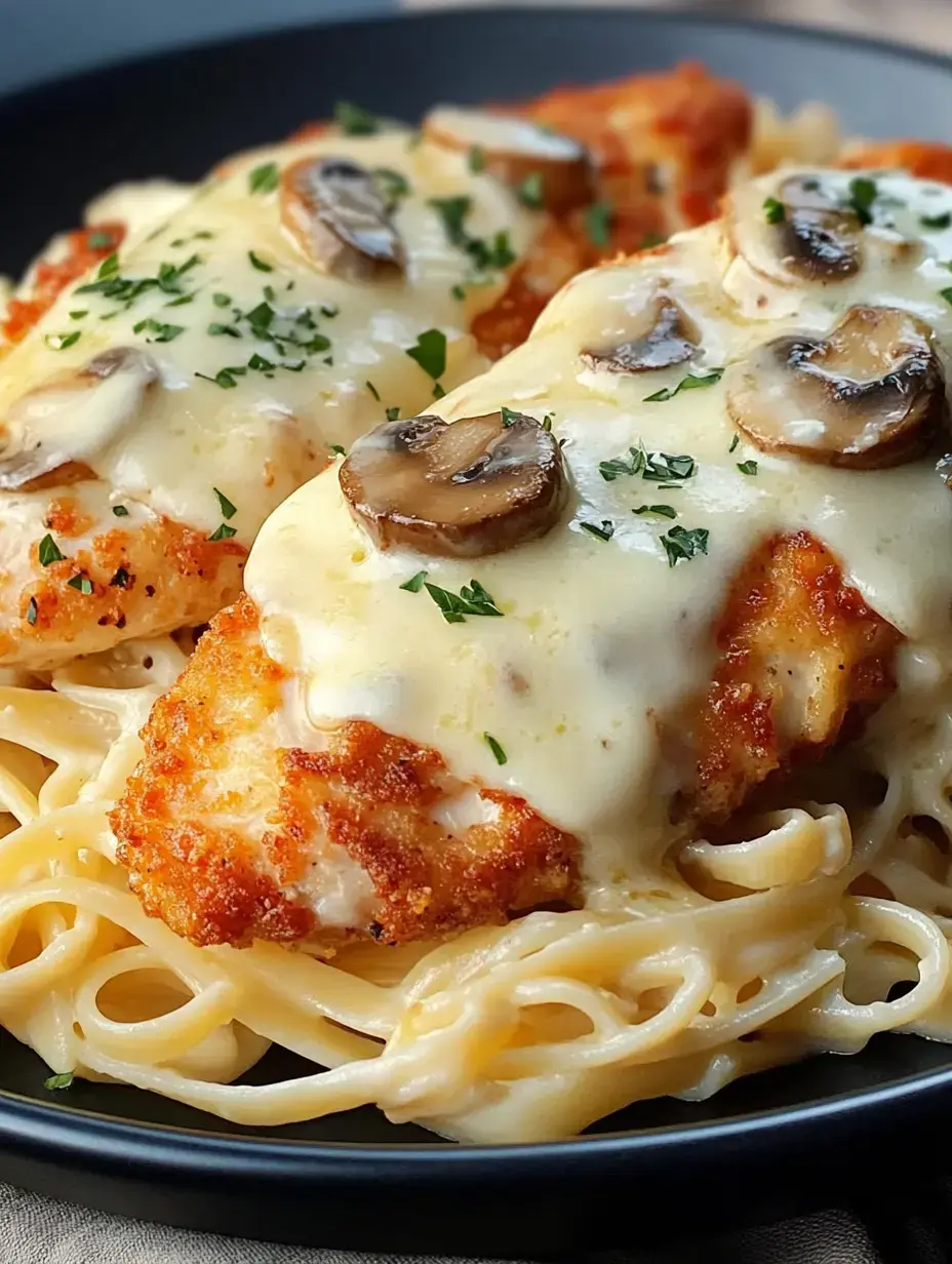 Une image en gros plan de poulet pané recouvert de fromage fondu et de champignons, servi sur un lit de pâtes fettuccine.