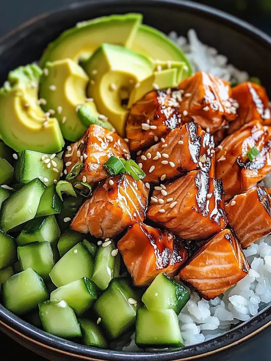 Un bol de riz garni de saumon grillé, tranches d'avocat et concombre en dés, parsemé de graines de sésame et de ciboulette.