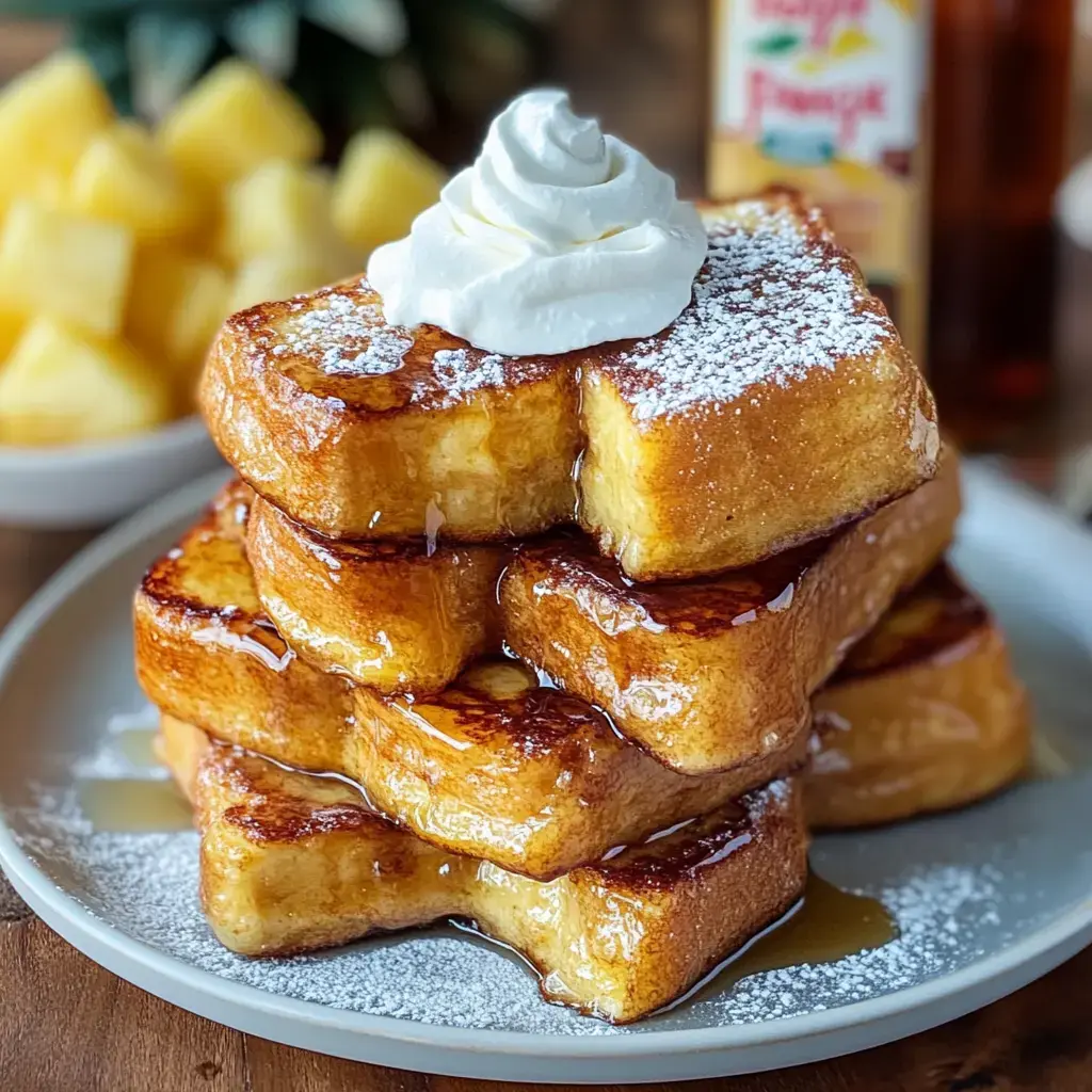 Une pile de pain perdu épais et doré garni de crème fouettée et de sucre glace, nappé de sirop, accompagné d'un bol d'ananas en dés en arrière-plan.