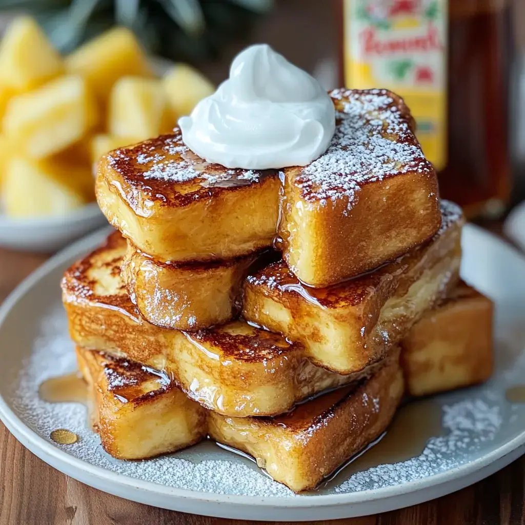 Une pile de pain perdu épais et doré garni de crème fouettée et nappé de sirop, accompagné d'une portion de morceaux d'ananas en arrière-plan.