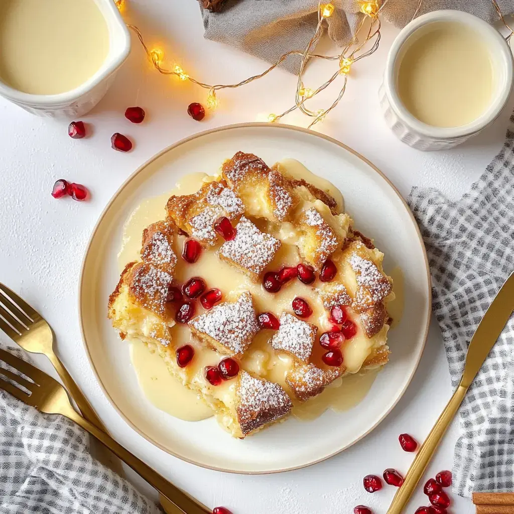 Une assiette de pudding au pain nappé d'une sauce crémeuse, garnie de graines de grenade et de sucre glace, entourée de guirlandes lumineuses décoratives et d'ustensiles.