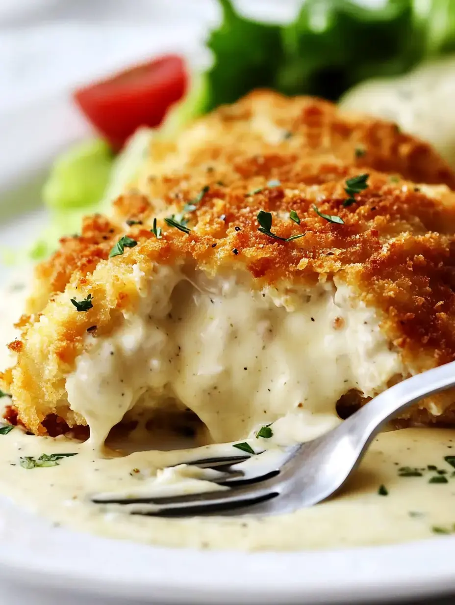 Gros plan d'un plat de poulet pané avec une sauce crémeuse et une fourchette, accompagné de laitue et d'une tomate cerise.
