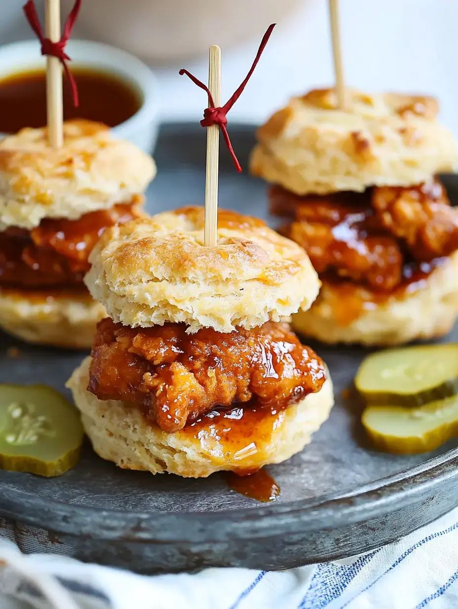 Trois sandwichs de biscuits garnis de poulet frit et arrosés de sauce, décorés de cornichons et maintenus avec des cure-dents sur un plateau de service.
