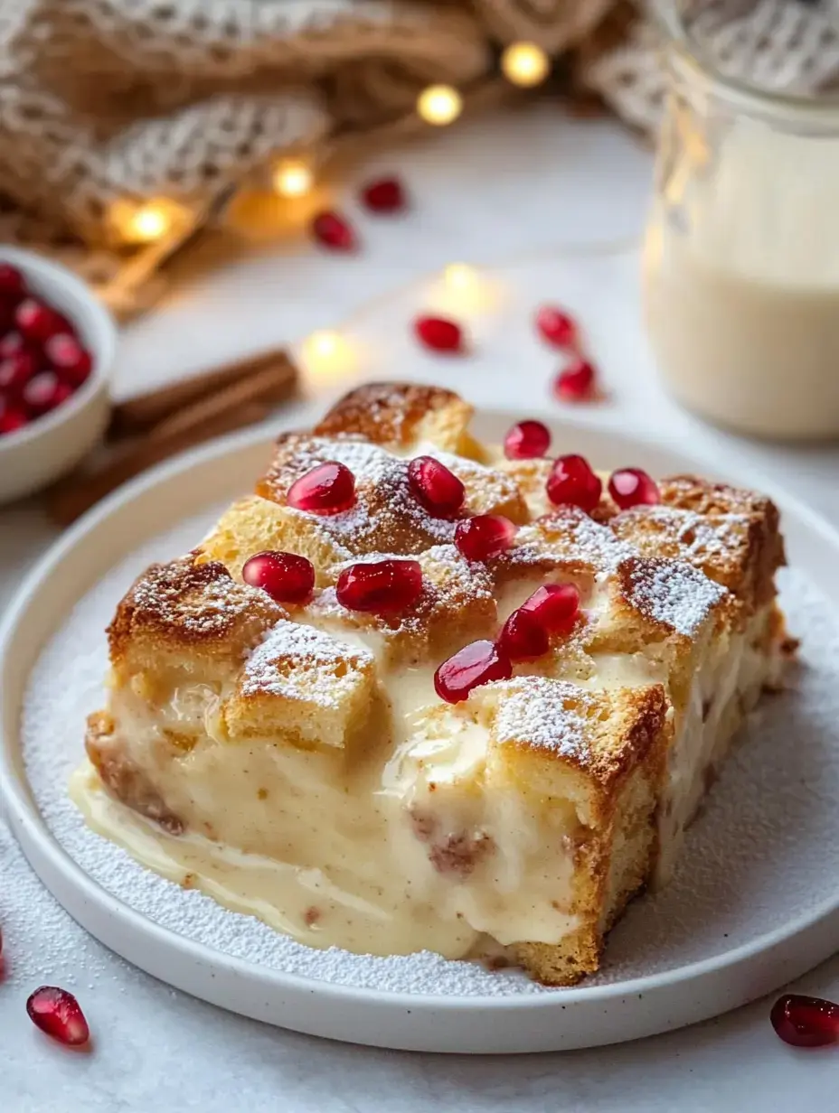 Une tranche de pudding au pain crémeux saupoudrée de sucre glace et garnie de graines de grenade, servie sur une assiette blanche avec des lumières festives et des bâtons de cannelle en arrière-plan.