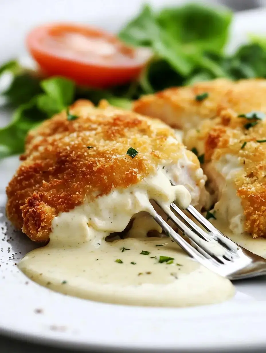 Gros plan d'une assiette présentant des paquets de poulet croustillants nappés de sauce crémeuse, accompagnés d'une tranche de tomate et d'un lit de verdure.