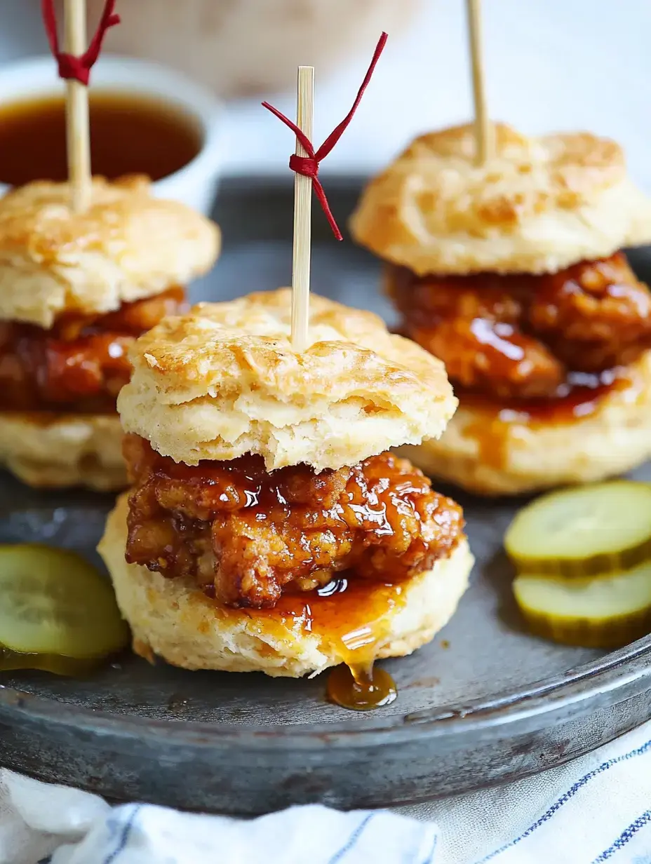 Trois mini-sandwichs de biscuits au poulet croustillant nappés de sauce, garnis de cornichons, sur une assiette métallique.
