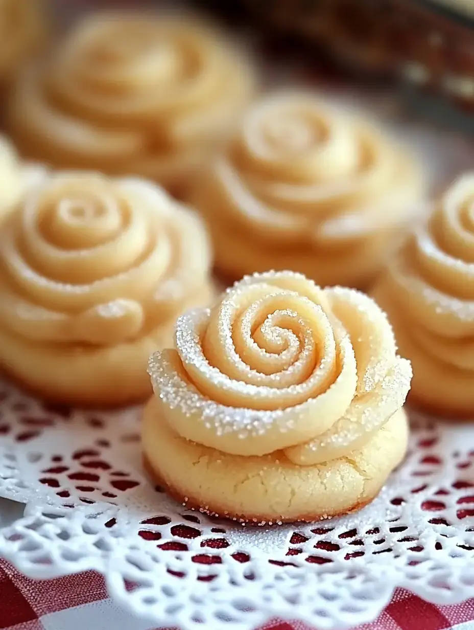 Un gros plan de biscuits magnifiquement décorés en forme de roses, saupoudrés de sucre glace et posés sur un napperon en dentelle.