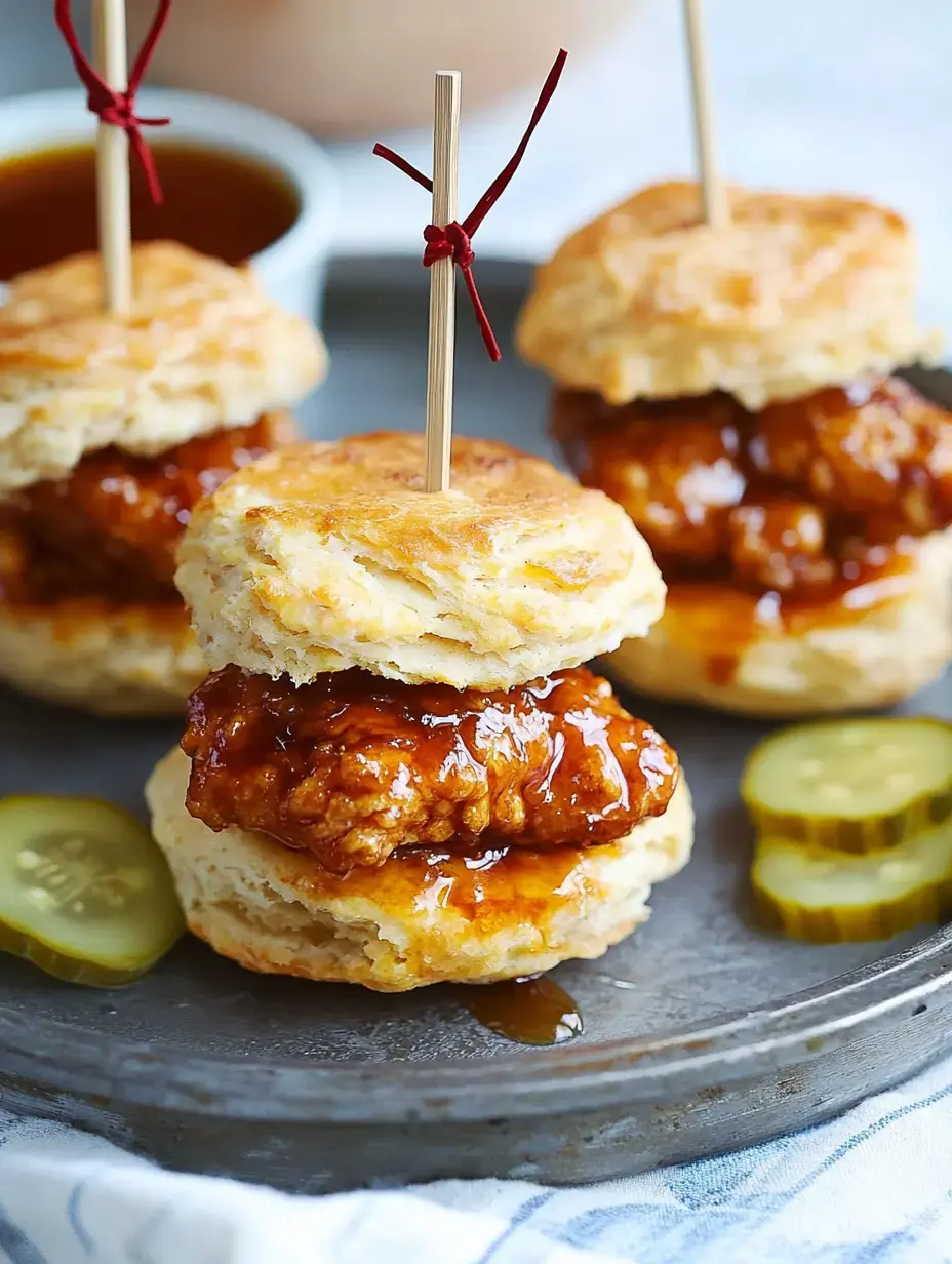 Trois mini-sandwichs de biscuits au poulet arrosés de sauce, décorés de pics rouges et entourés de tranches de cornichons sur un plateau de service.