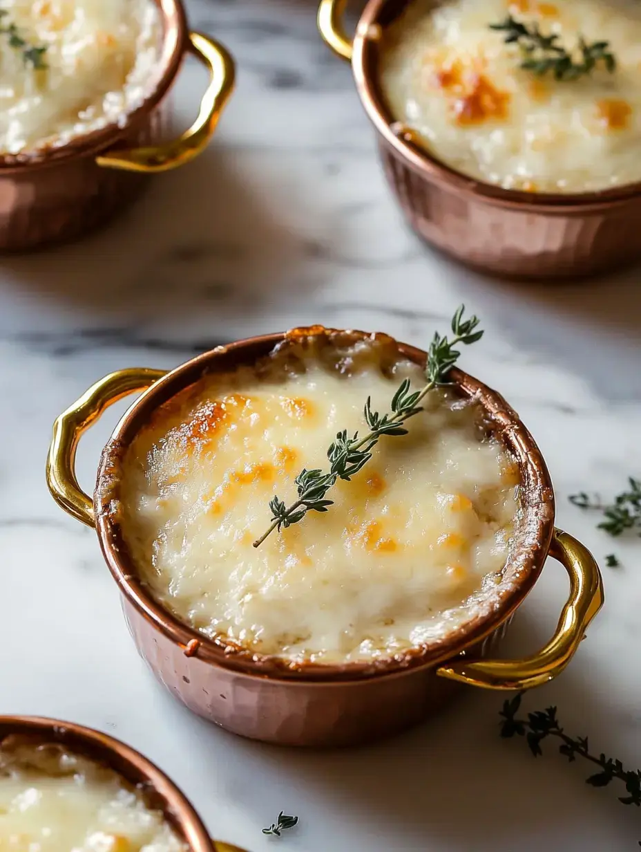 Un gros plan de bols en céramique remplis de délices gratinés, garnis de brins de thym.
