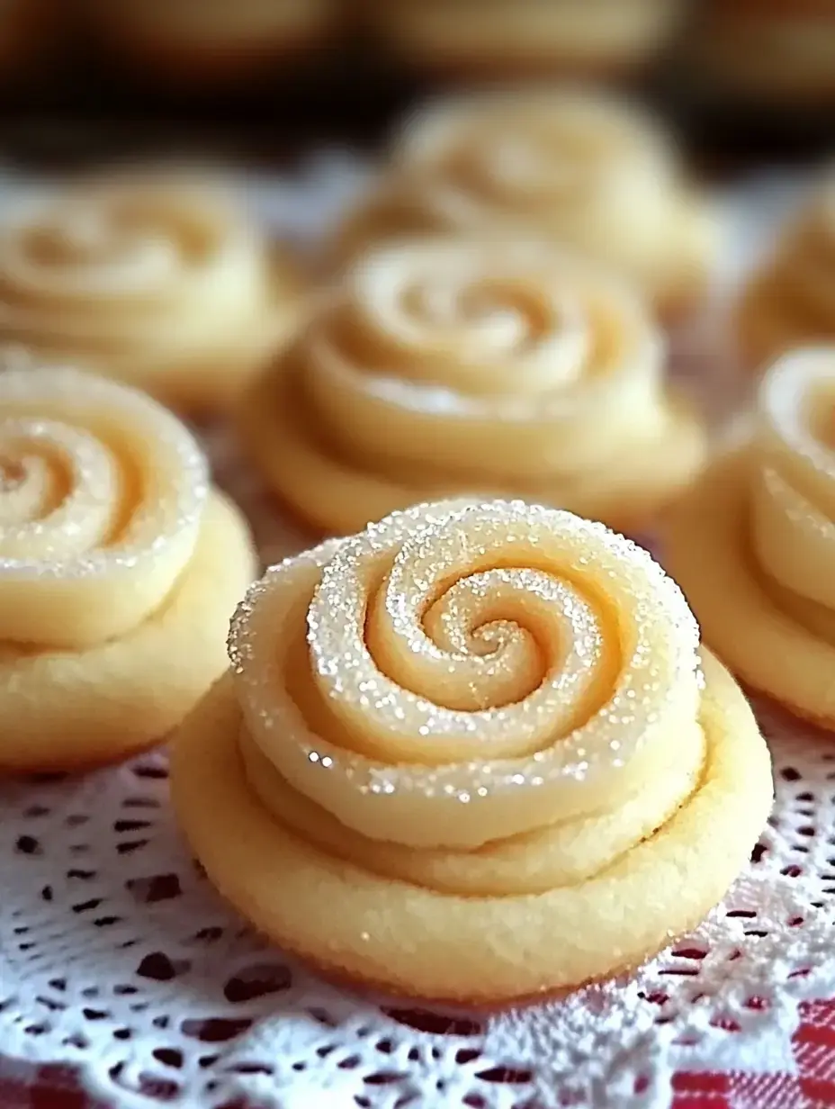 Un gros plan de biscuits artistiquement façonnés en forme de roses, saupoudrés de sucre, présentés sur un délicat napperon en dentelle.