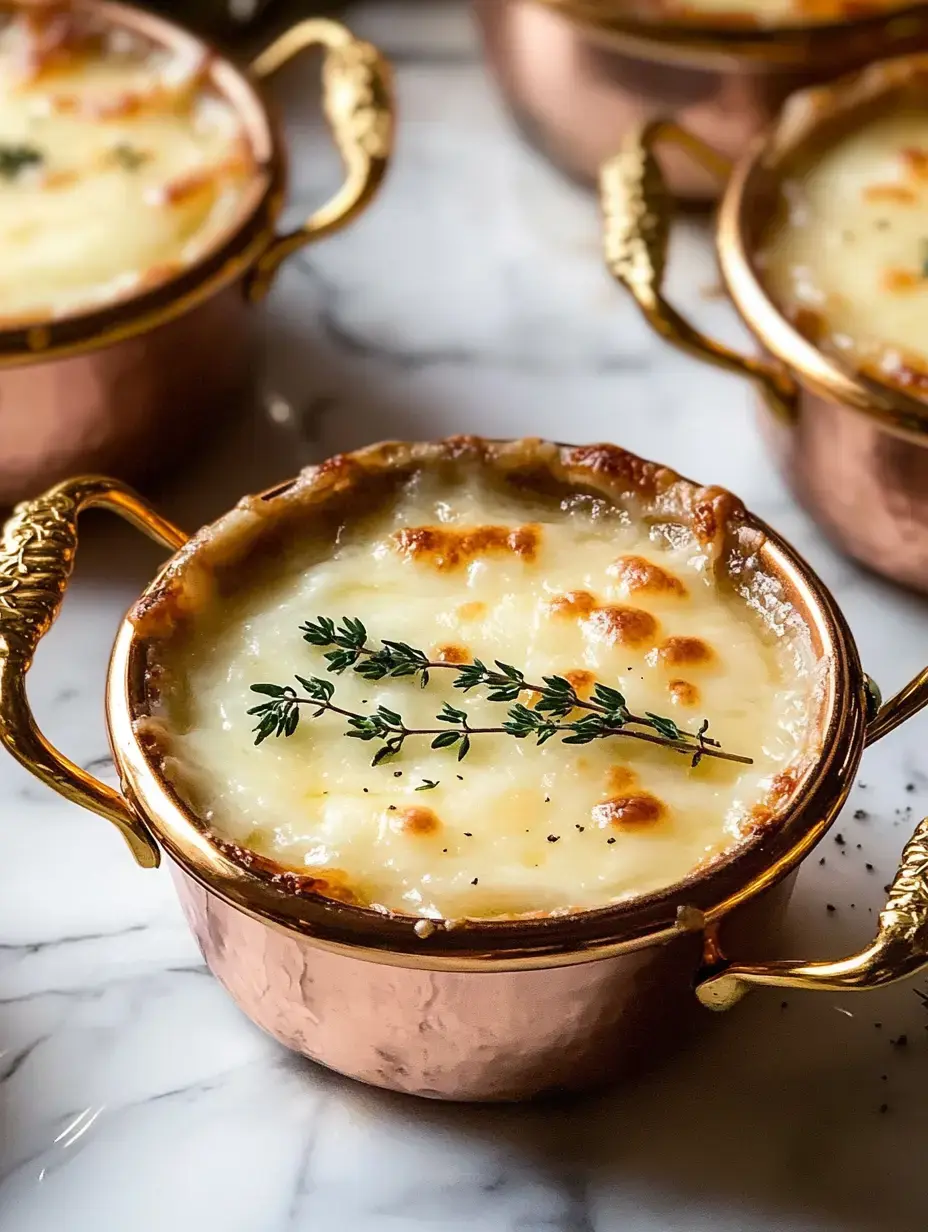 Un gros plan d'une marmite en cuivre remplie de gratin de macaronis crémeux, garni d'un brin de thym.
