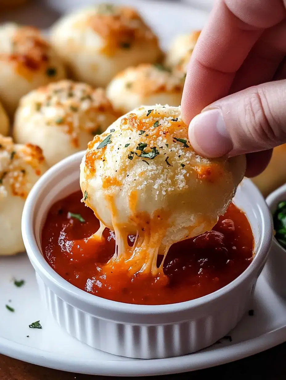Une main trempe une boule de pain à l'ail farcie au fromage dans un bol de sauce tomate, avec d'autres boules de pain farcies au fromage en arrière-plan.