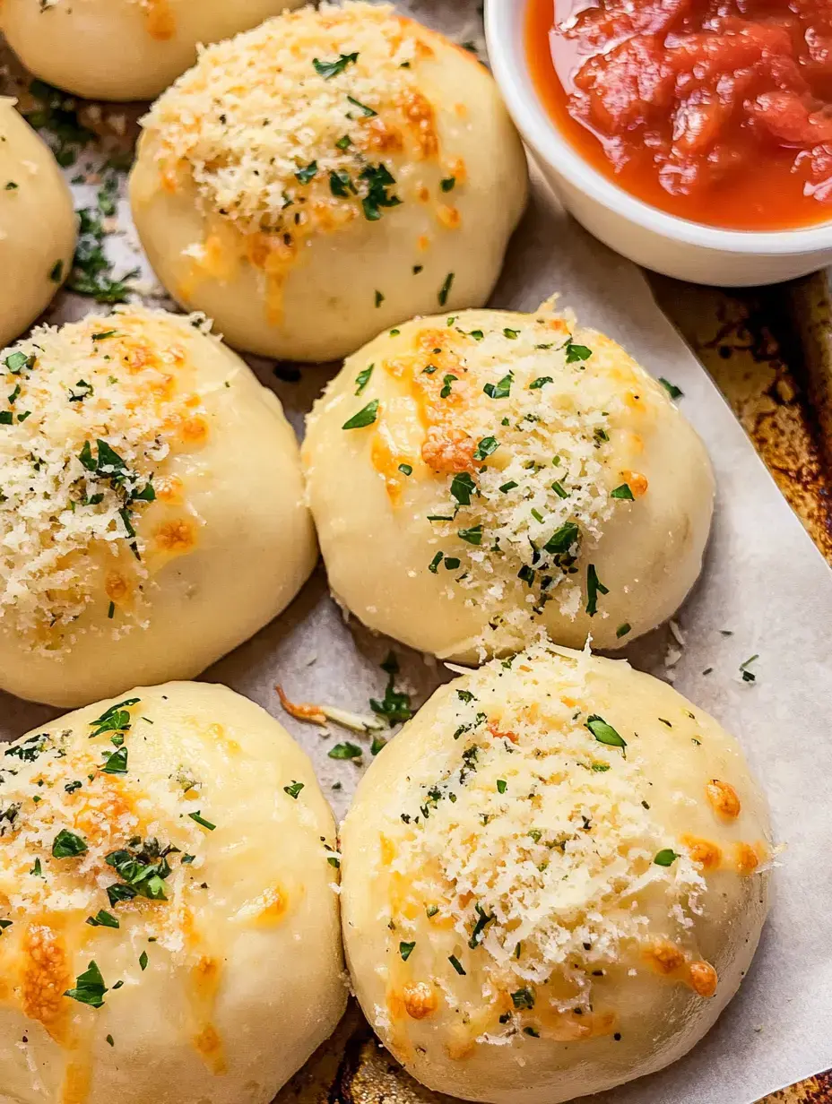 Un gros plan de petits pains au fromage dorés garnis d'herbes et de chapelure, accompagnés d'un petit bol de sauce tomate.