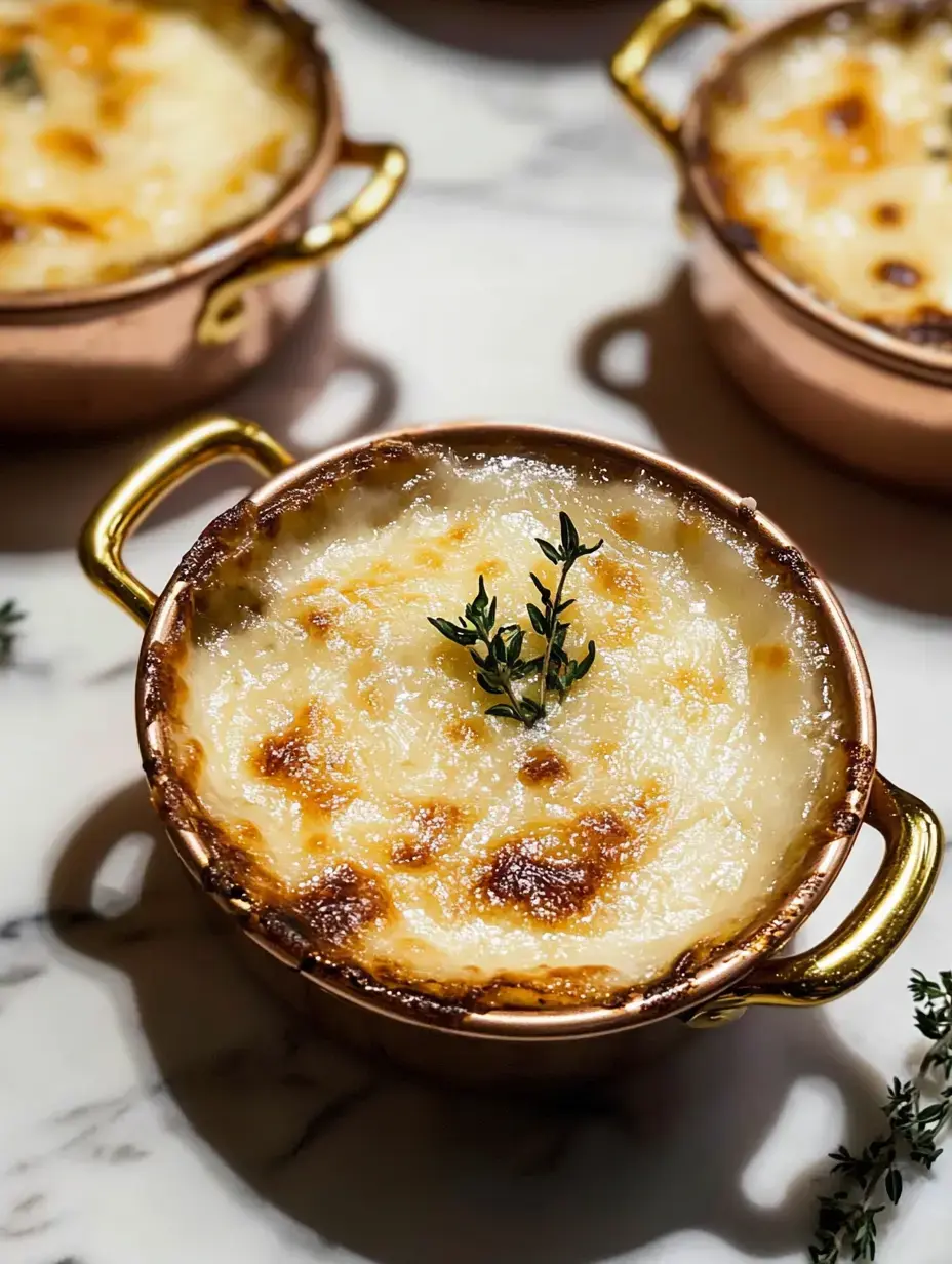 Un gros plan d'un plat doré et bouillonnant garni de feuilles de thym, servi dans une marmite en cuivre.