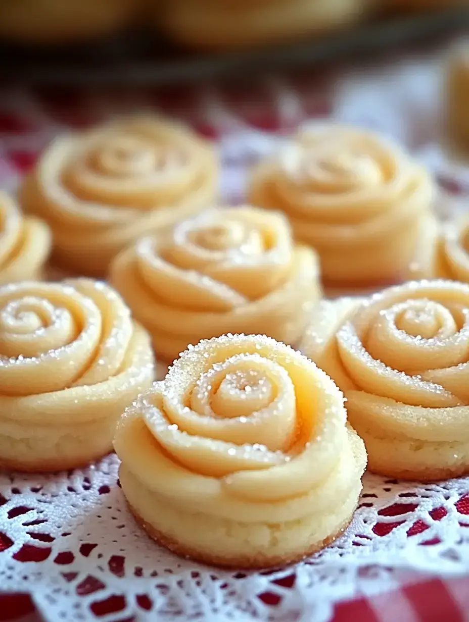 Un gros plan de pâtisseries délicatement façonnées en forme de roses, saupoudrées de sucre, disposées sur un napperon en dentelle.