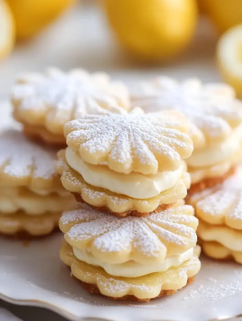 Un gros plan de délicieux sablés au citron fourrés de crème et saupoudrés de sucre glace, présentés avec des citrons frais en arrière-plan.