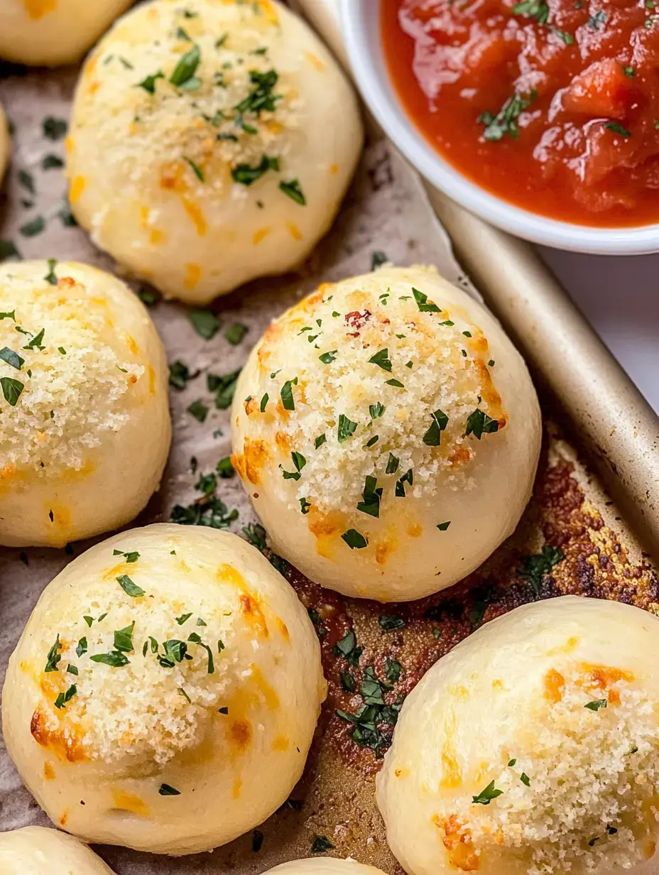 Gros plan sur des petits pains farcis au fromage fraîchement cuits garnis d'herbes, servis avec un bol de sauce tomate.
