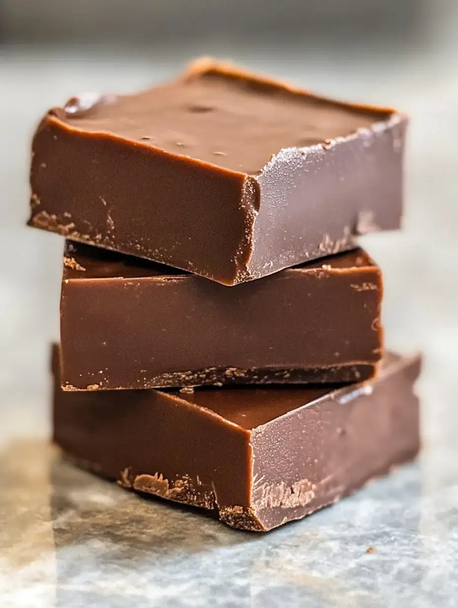 Trois morceaux de fudge au chocolat empilés sur une surface en marbre.