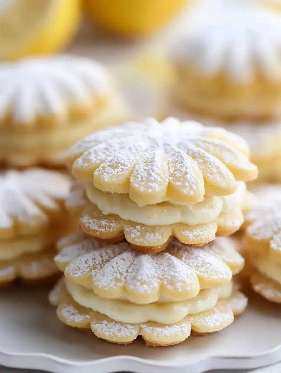 Une pile de sablés au citron fourrés de crème et saupoudrés de sucre glace, avec des citrons floutés en arrière-plan.