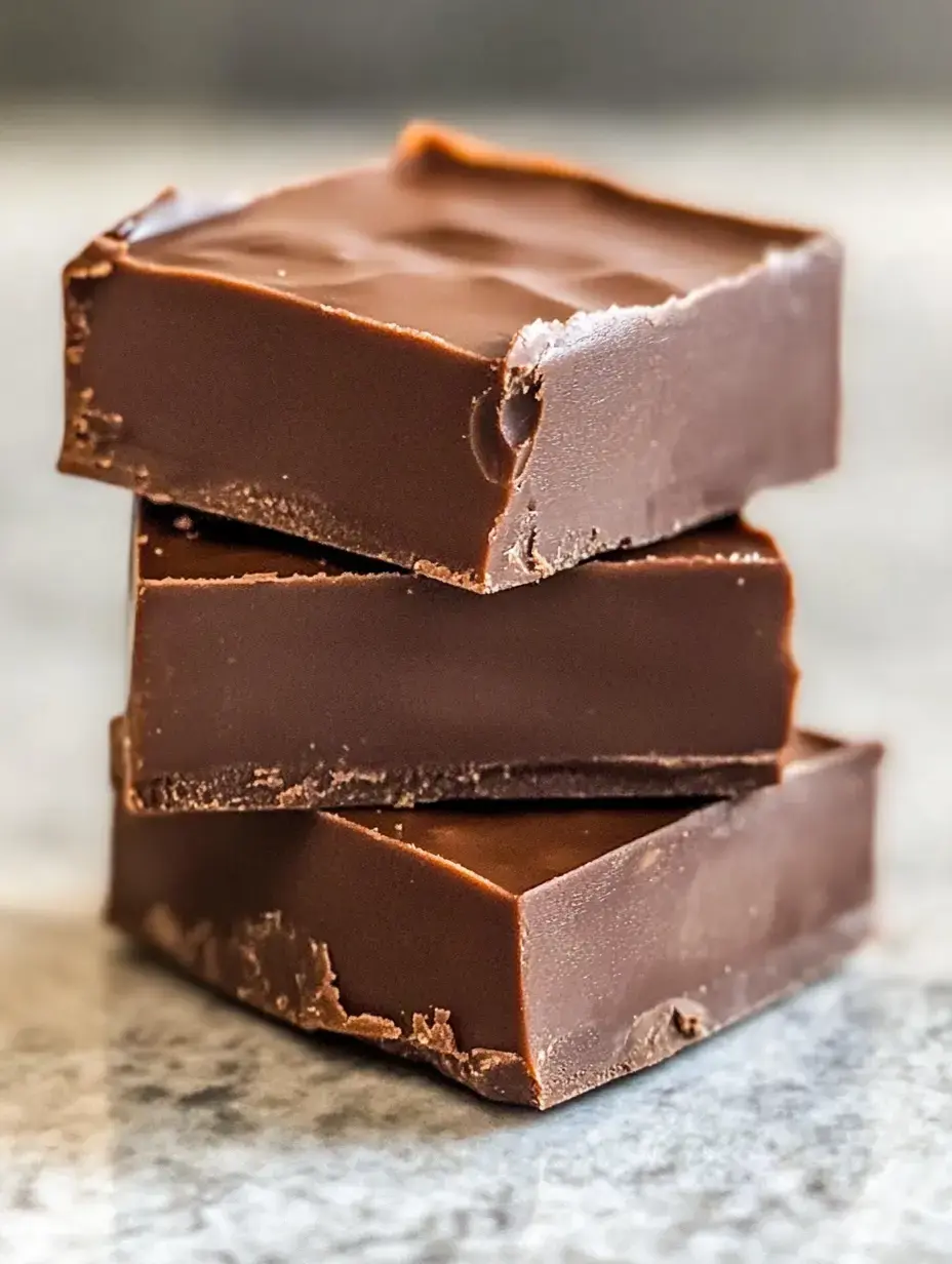 Une pile de trois carrés de fudge au chocolat sur un plan de travail en marbre.
