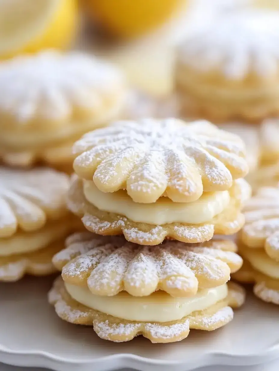 Un gros plan de délicats sablés fourrés à la crème de citron saupoudrés de sucre glace, disposés sur une assiette avec des citrons frais en arrière-plan.