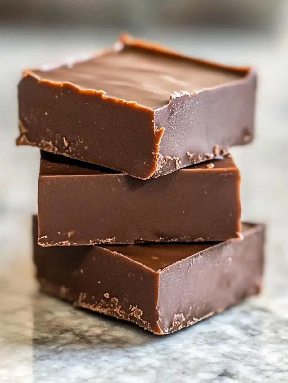 Trois morceaux de fudge au chocolat empilés reposent sur une surface en marbre.