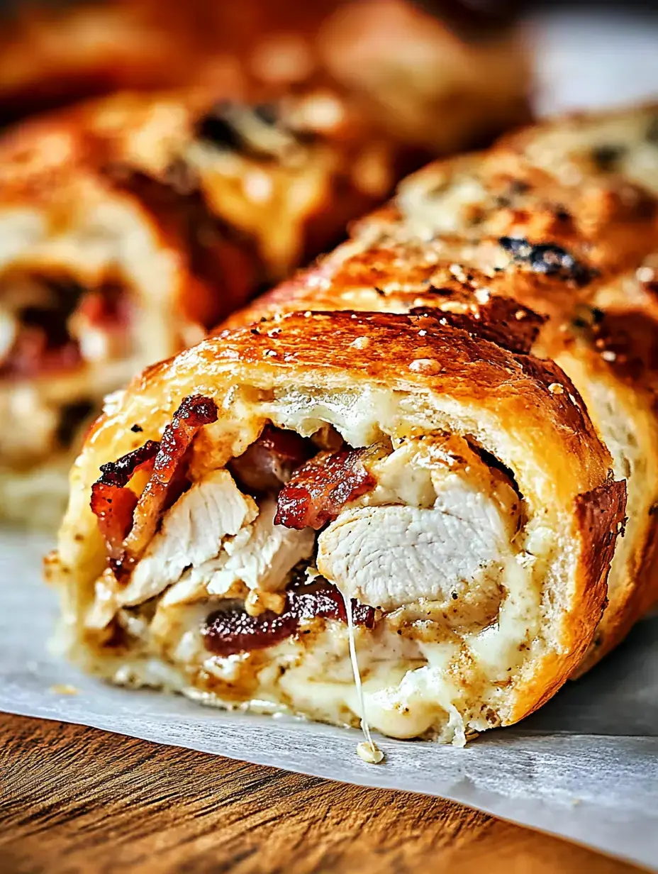 Gros plan d'un rouleau de pâte tranché rempli de poulet, lardons et fromage fondu, posé sur du papier cuisson.