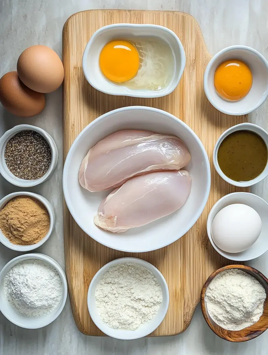 Plusieurs ingrédients dont des blancs de poulet, des œufs, des épices et des farines sont disposés sur une planche à découper en bois et une surface en marbre.